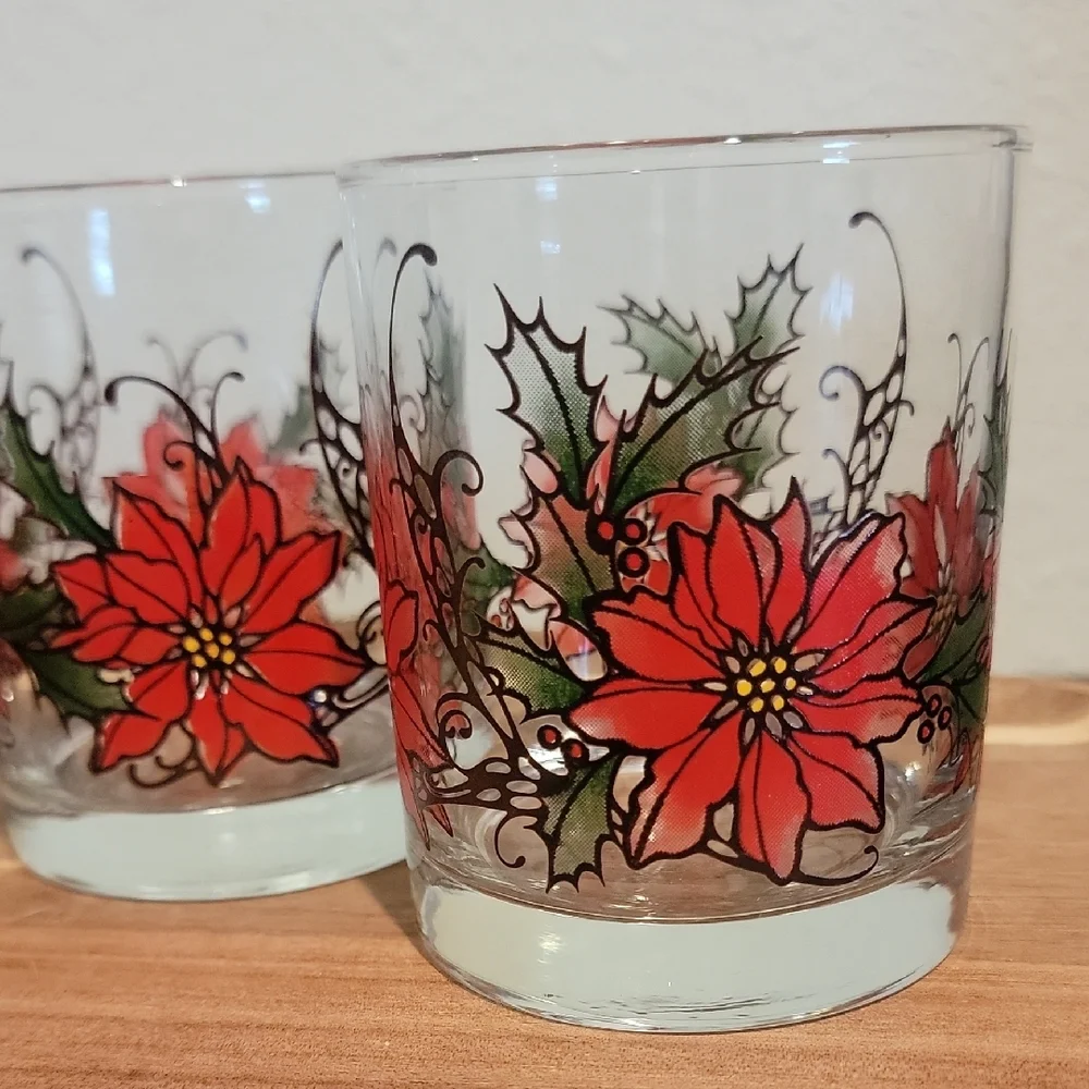 Vintage Libbey Poinsettia Red And Green Lowball Glasses Set Of 4